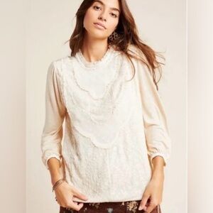 Anthropologie Lace Blouse Cream Boho Romantic Embroidered Top Small